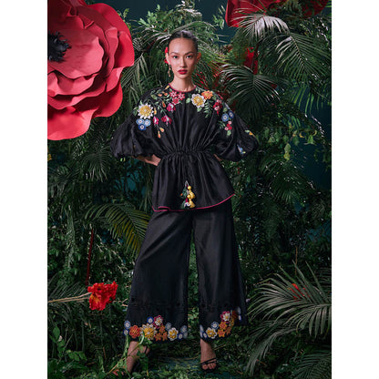 CHANDRIMA Black Chanderi Floral Bead Work Pant