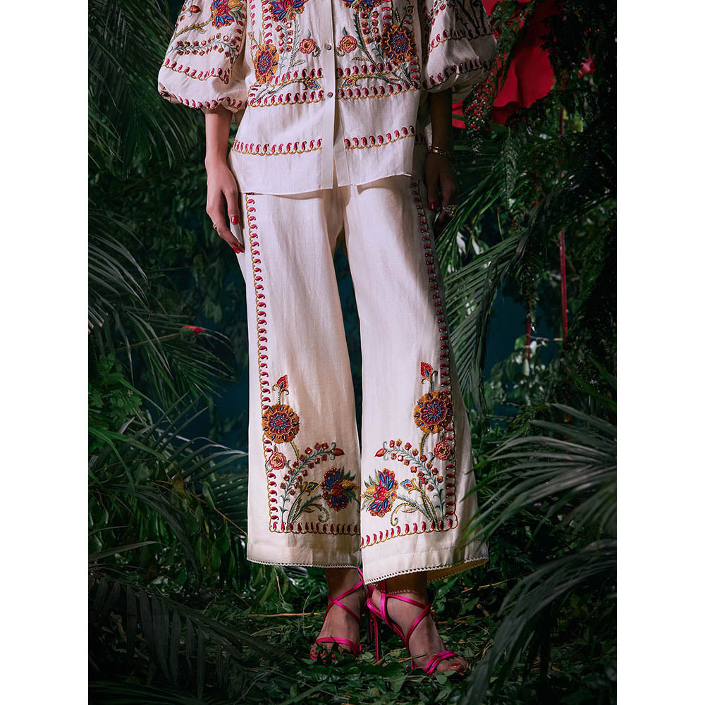 CHANDRIMA Ivory Chanderi Floral Bead Work Pant