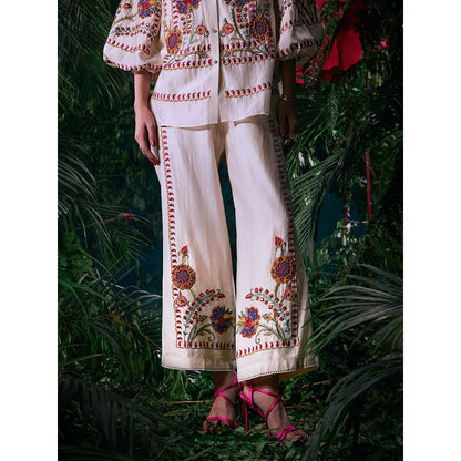 CHANDRIMA Ivory Chanderi Floral Bead Work Pant