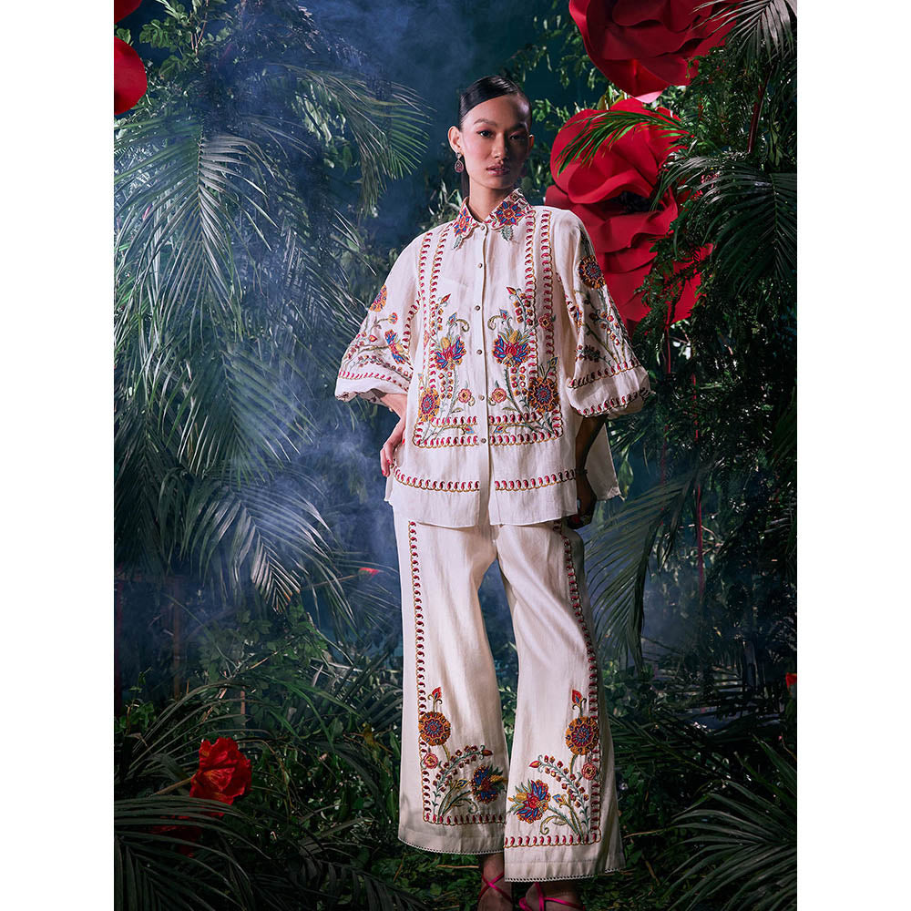 CHANDRIMA Ivory Chanderi Floral Bead Work Pant