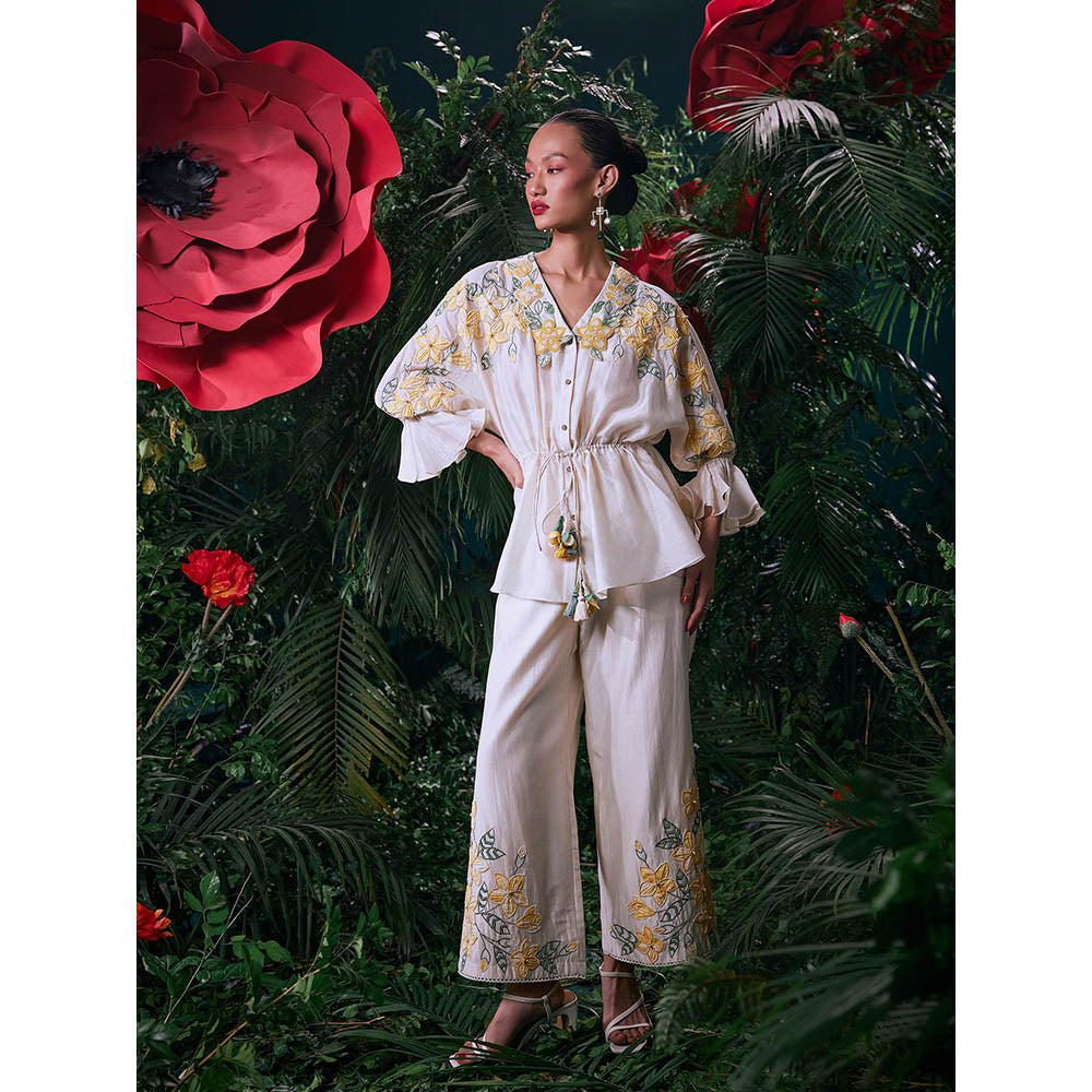 CHANDRIMA Ivory Chanderi Floral Bead Work Pant