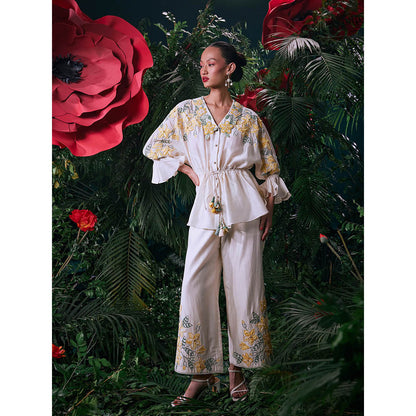 CHANDRIMA Ivory Chanderi Floral Bead Work Pant