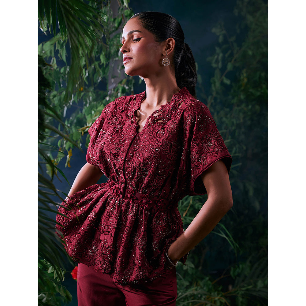 CHANDRIMA Wine Chanderi Embroidered Thread Work Pant