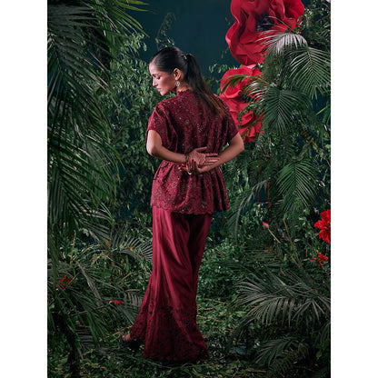 CHANDRIMA Wine Chanderi Embroidered Thread Work Pant