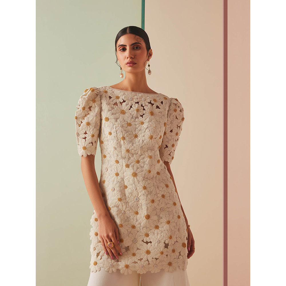 CHANDRIMA Ivory Chanderi Floral Puff Sleeves Bead Work Kurta with Sharara (Set of 2)