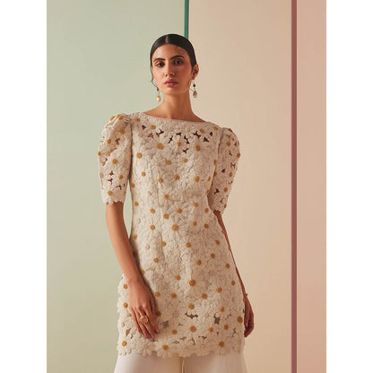 CHANDRIMA Ivory Chanderi Floral Puff Sleeves Bead Work Kurta with Sharara (Set of 2)