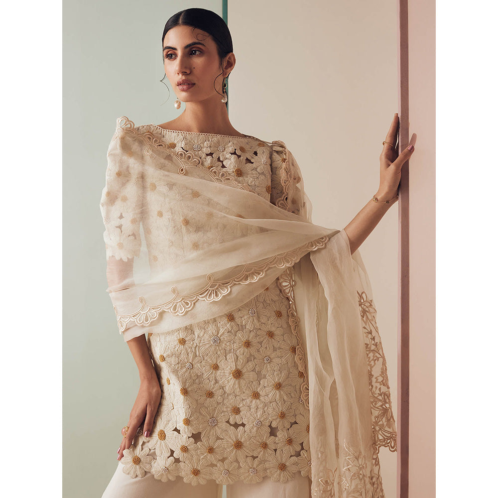 CHANDRIMA Ivory Chanderi Floral Puff Sleeves Bead Work Kurta with Sharara (Set of 2)