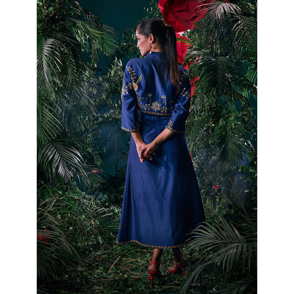 CHANDRIMA Navy Blue Chanderi Floral Three Fourth Sleeves Collar Neck Bead Work Crop Shirt