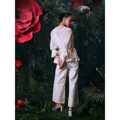CHANDRIMA Ivory Chanderi Floral Bell Sleeves V-Neck Bead Work Shirt
