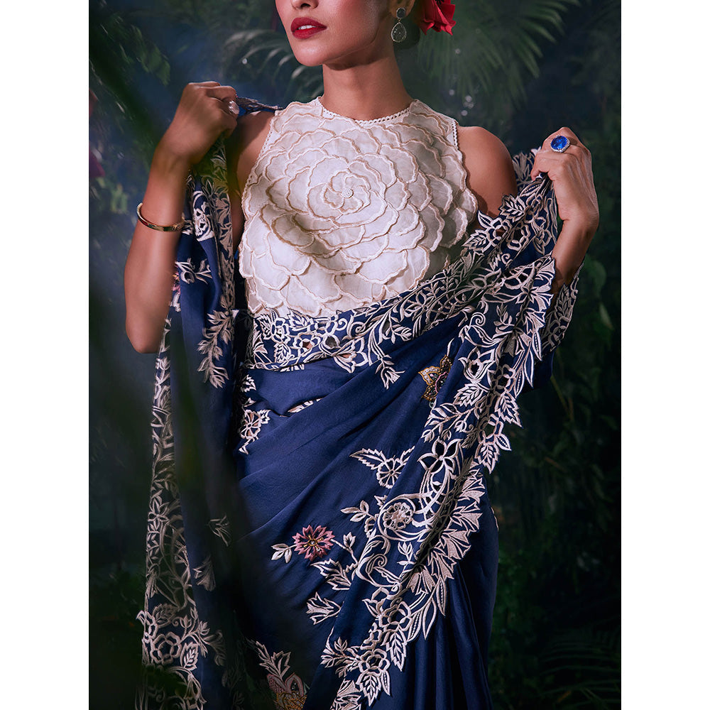 CHANDRIMA Ivory Chanderi Floral Sleeveless Crew Neck Bead Work Blouse