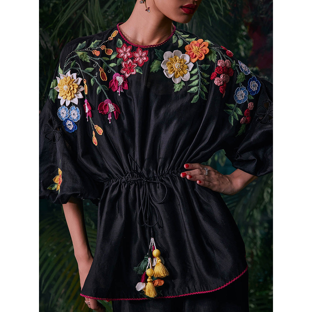 CHANDRIMA Black Chanderi Floral Balloon Sleeve Collar Neck Bead Work Top