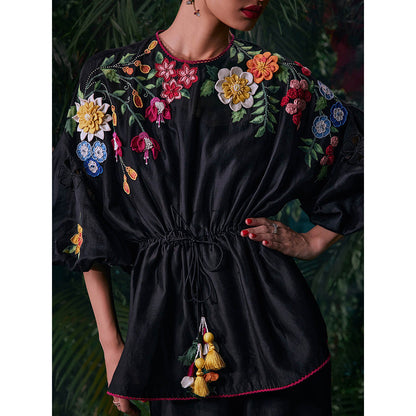 CHANDRIMA Black Chanderi Floral Balloon Sleeve Collar Neck Bead Work Top