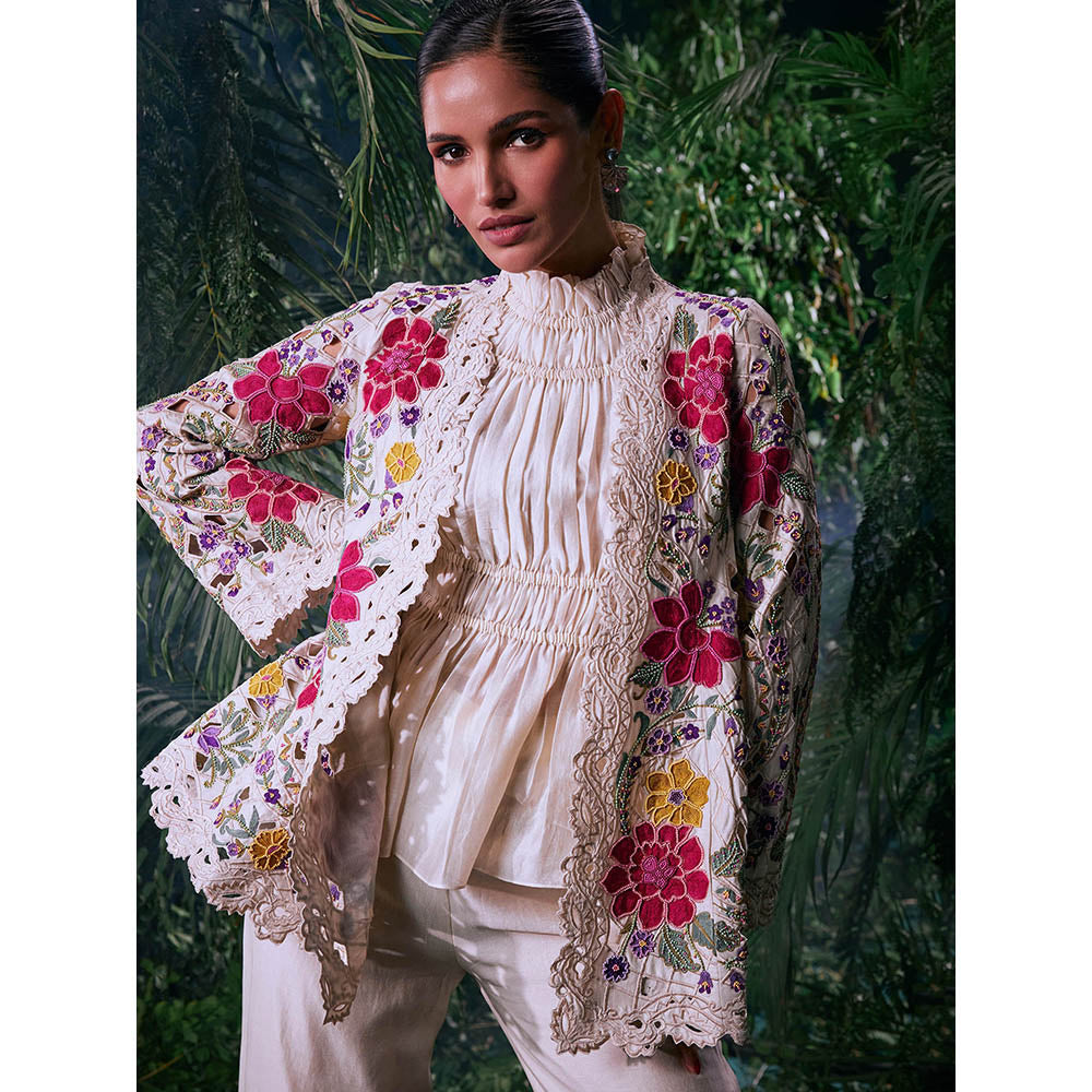 CHANDRIMA Ivory Chanderi Solid Sleeveless Ruffled Neck Lace Work Top
