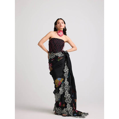 CHANDRIMA Black Embroidered Cutwork Saree with Unstitched Blouse