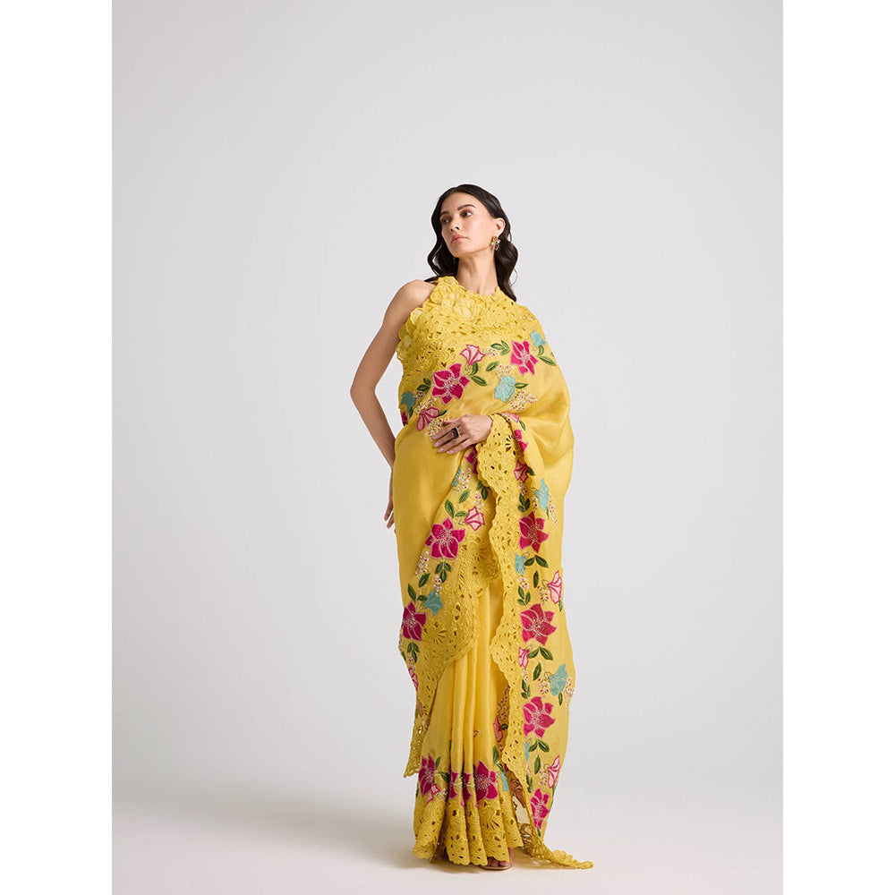 CHANDRIMA Yellow Floral Applique Cutwork Saree with Unstitched Blouse