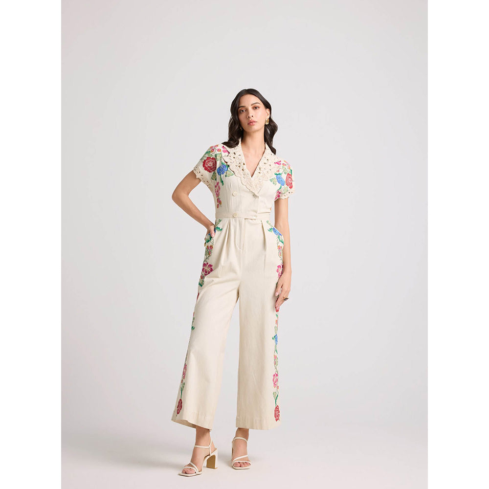 CHANDRIMA Ivory Floral Applique and Beadwork Jumpsuit
