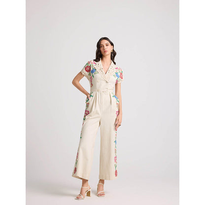 CHANDRIMA Ivory Floral Applique and Beadwork Jumpsuit