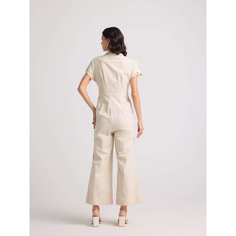 CHANDRIMA Ivory Floral Applique and Beadwork Jumpsuit