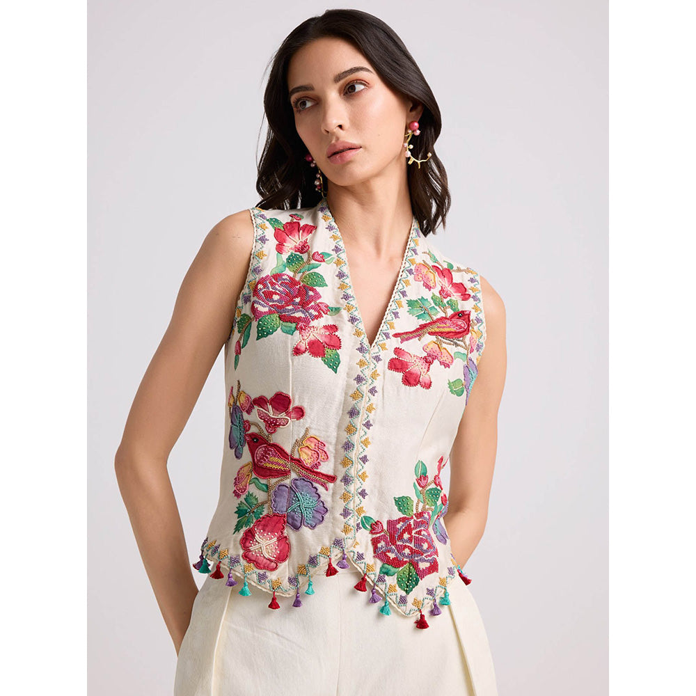 CHANDRIMA Ivory Applique and Beadwork Waistcoat