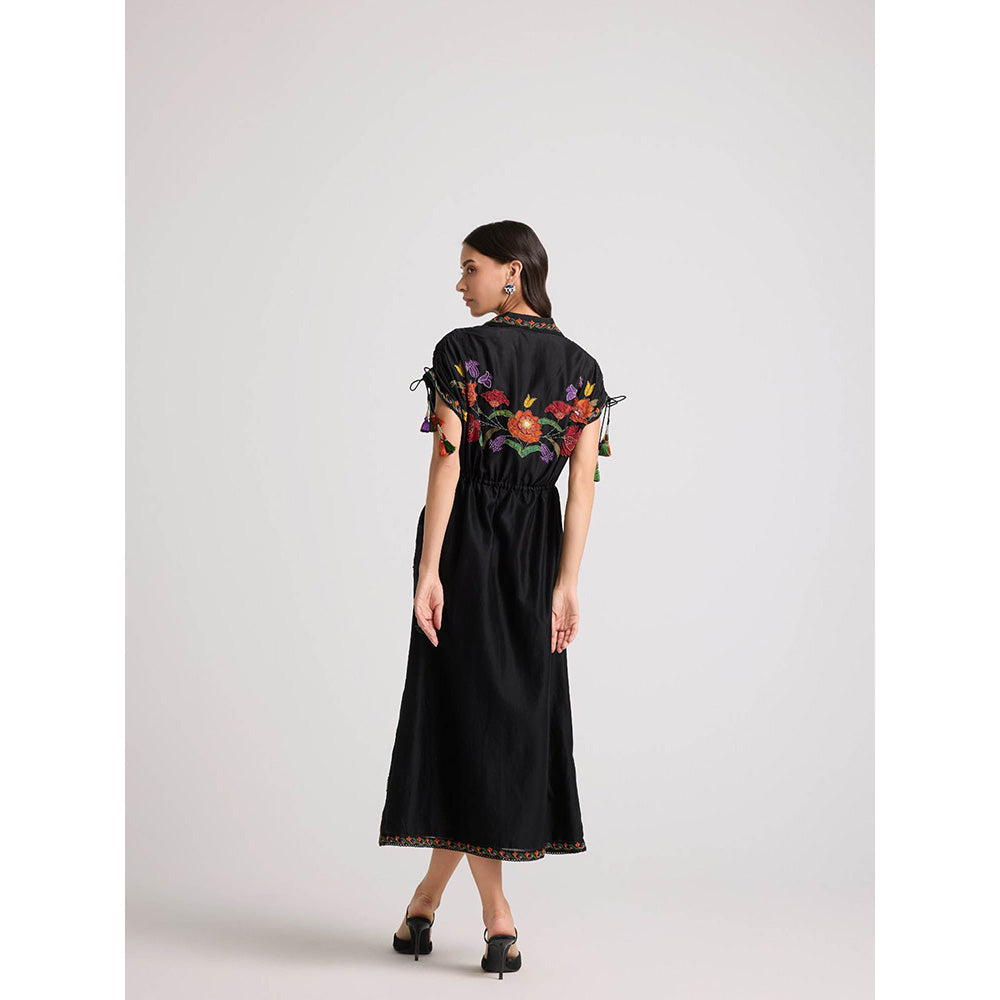 CHANDRIMA Black Applique and Beadwork Shirt Dress