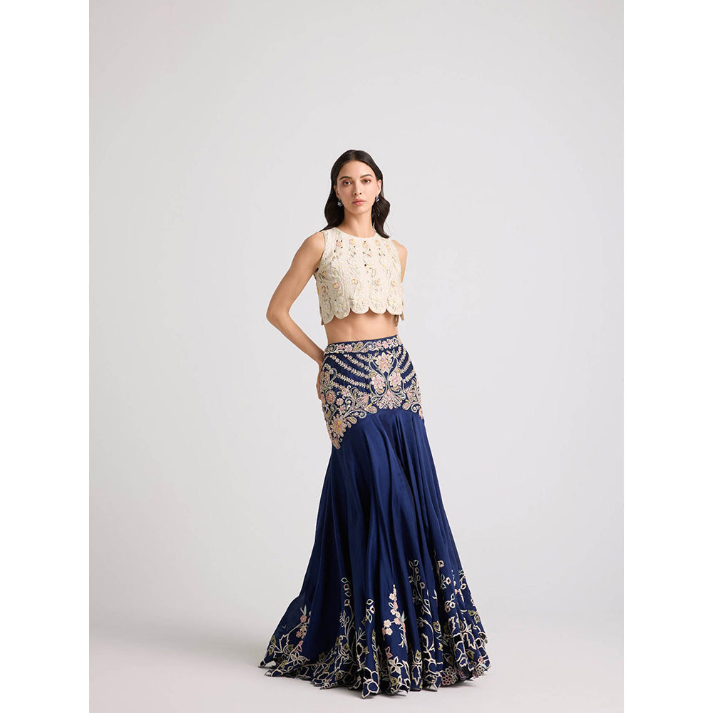 CHANDRIMA Ivory 3D Florals and Cutwork Panelled Crop Top