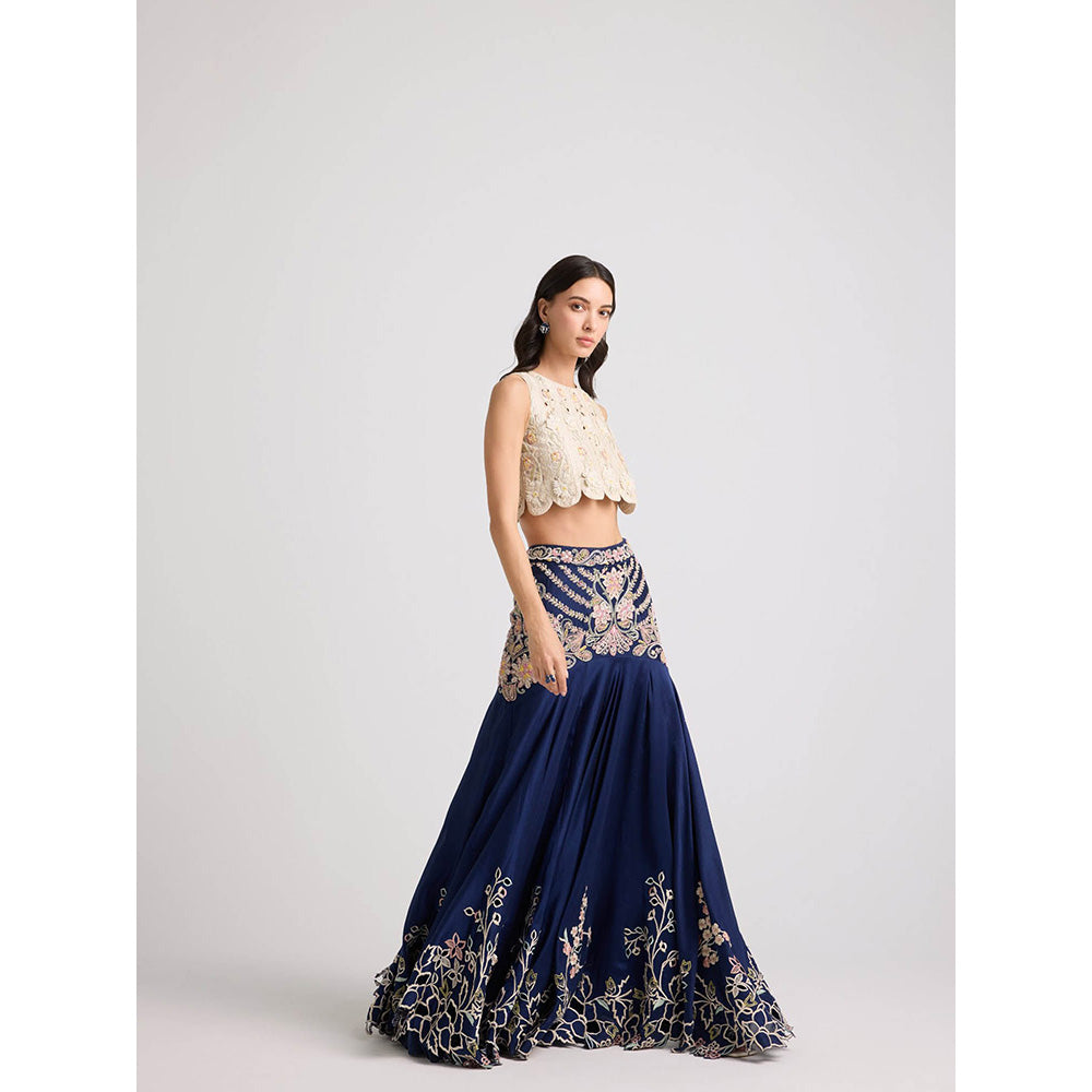 CHANDRIMA Navy Blue Contrast Cordwork Yoke Detail Skirt