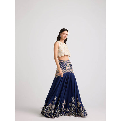 CHANDRIMA Navy Blue Contrast Cordwork Yoke Detail Skirt