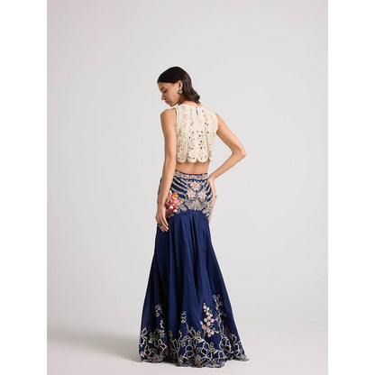 CHANDRIMA Navy Blue Contrast Cordwork Yoke Detail Skirt