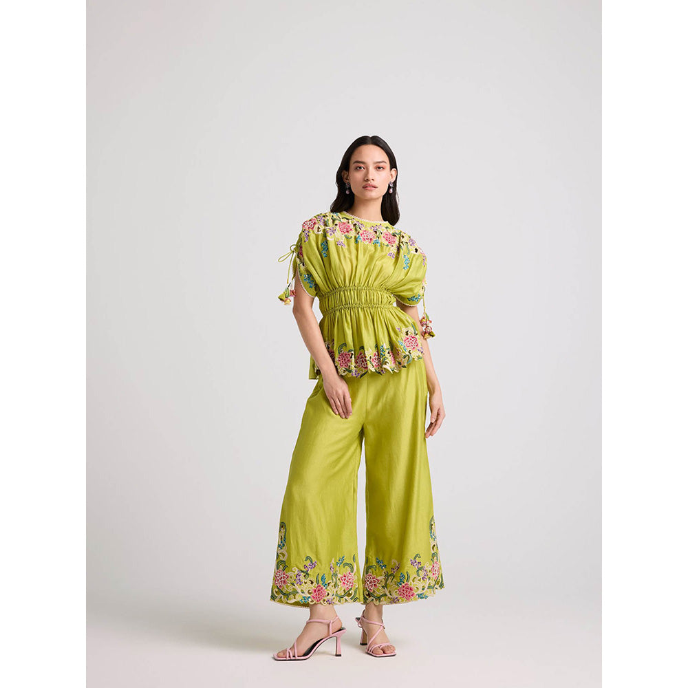 CHANDRIMA Lime Green Floral Cutwork Pants