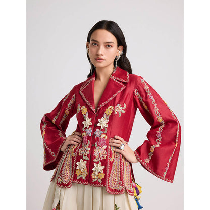 CHANDRIMA Red Contrast Cordwork and Beadwork Panelled Jacket