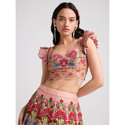 CHANDRIMA Soft Pink Multicolor Floral Crop Top