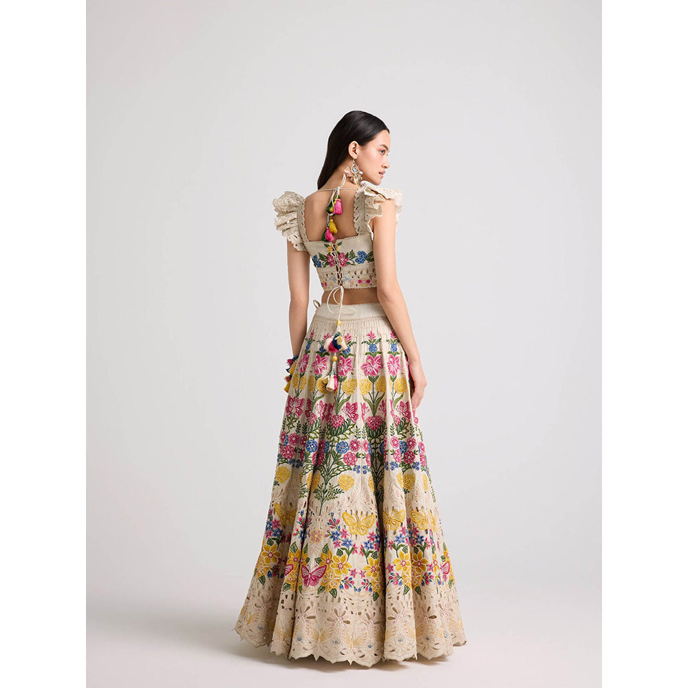 CHANDRIMA Ivory Floral Threadwork and Beadwork Crop Top