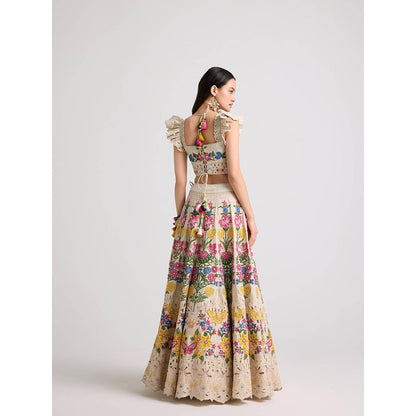 CHANDRIMA Ivory Floral Threadwork and Beadwork Crop Top