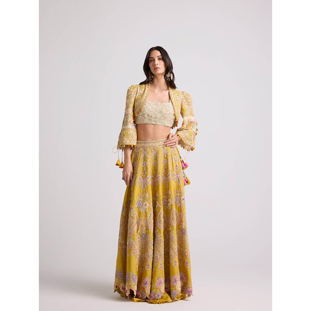 CHANDRIMA Yellow Contrast Cordwork and Beadwork Bolero Jacket