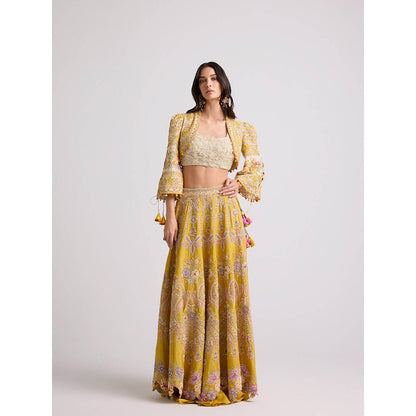 CHANDRIMA Yellow Contrast Cordwork and Beadwork Bolero Jacket