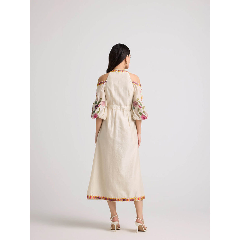 CHANDRIMA Ivory Floral Cold Shoulder Midi Dress