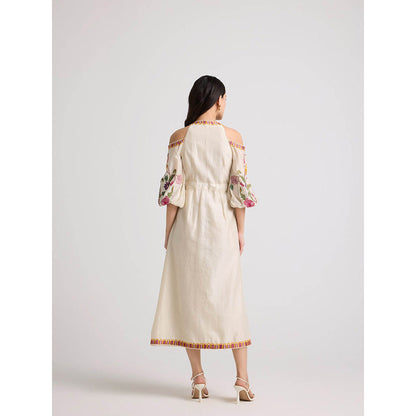 CHANDRIMA Ivory Floral Cold Shoulder Midi Dress