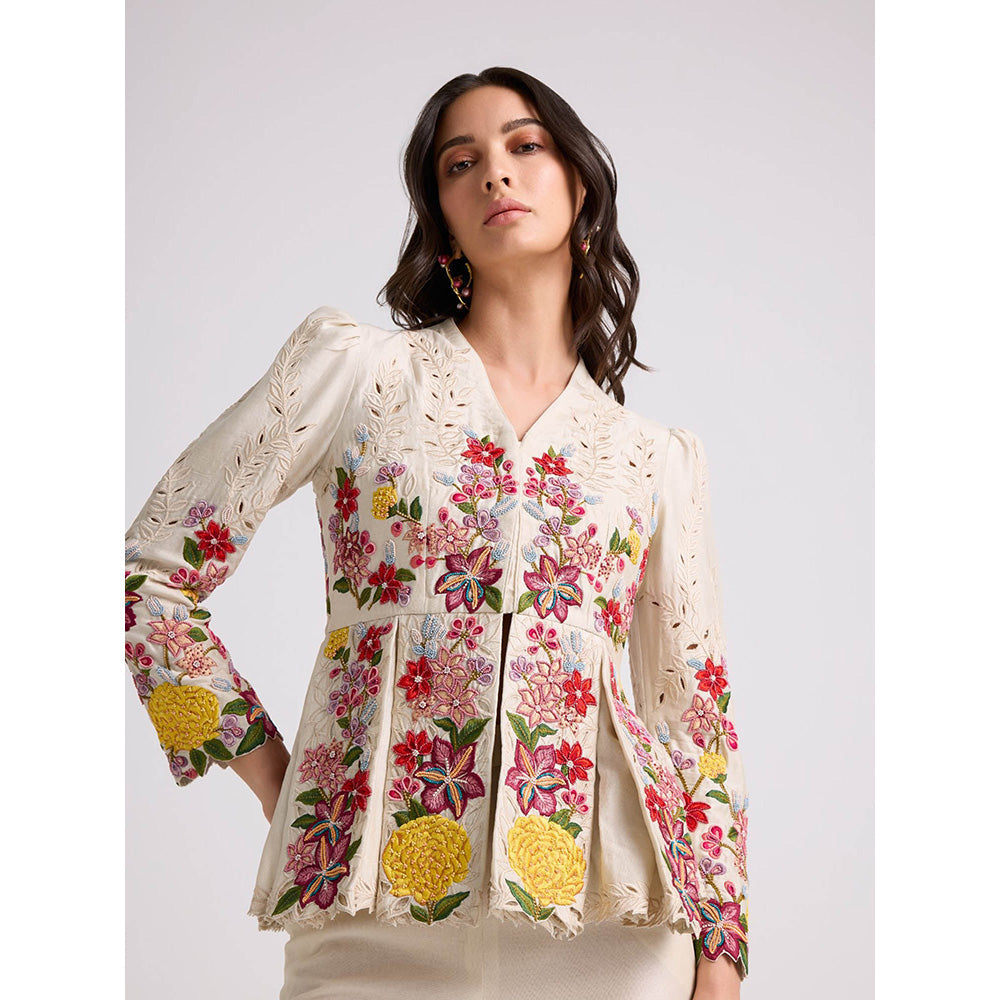 CHANDRIMA Ivory Floral Threadwork Pleated Jacket