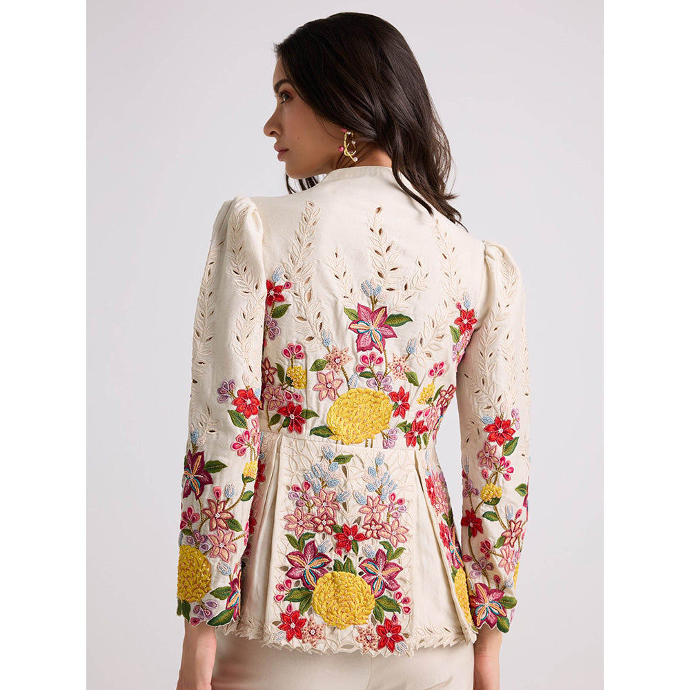 CHANDRIMA Ivory Floral Threadwork Pleated Jacket