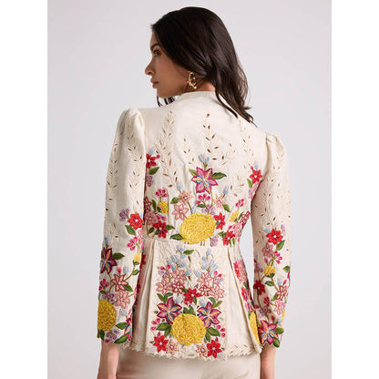 CHANDRIMA Ivory Floral Threadwork Pleated Jacket