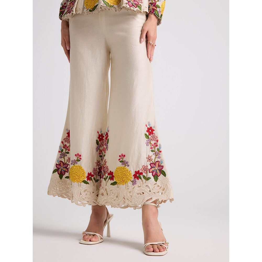 CHANDRIMA Ivory Floral Threadwork Bell Bottom Pants