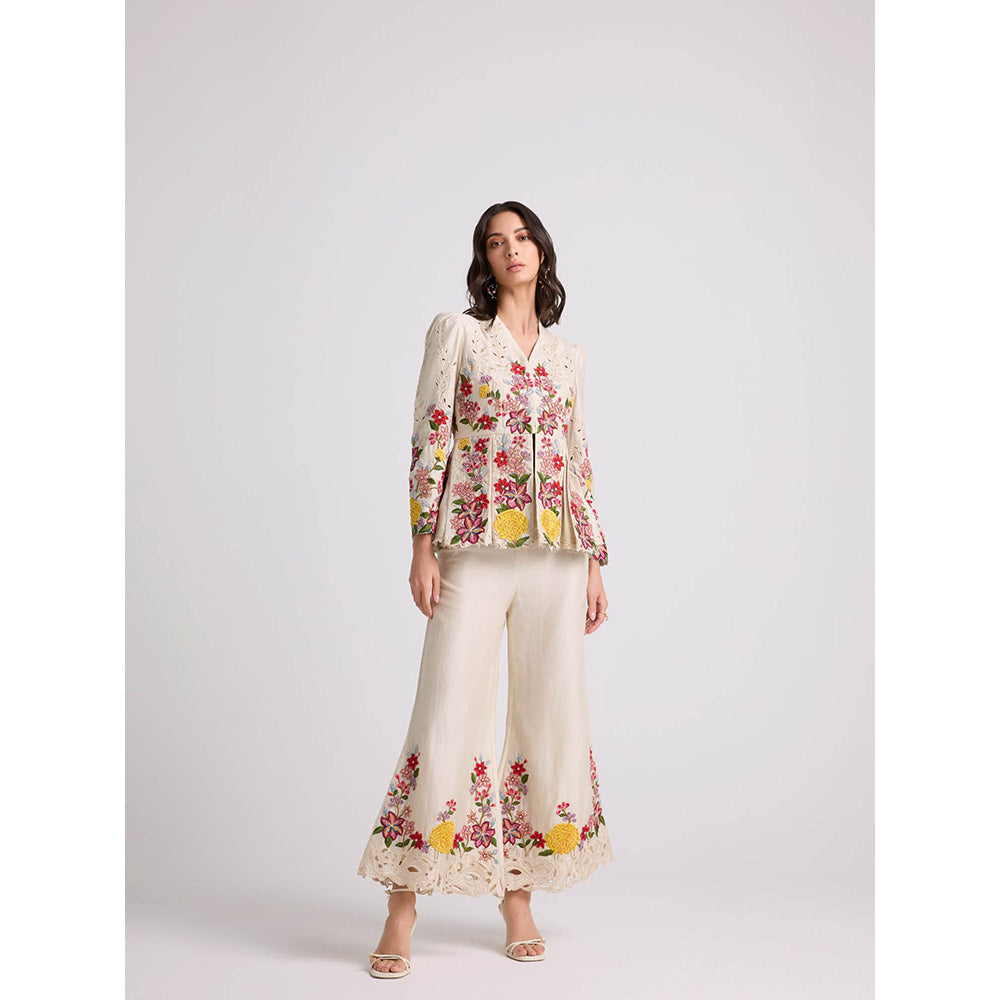 CHANDRIMA Ivory Floral Threadwork Bell Bottom Pants