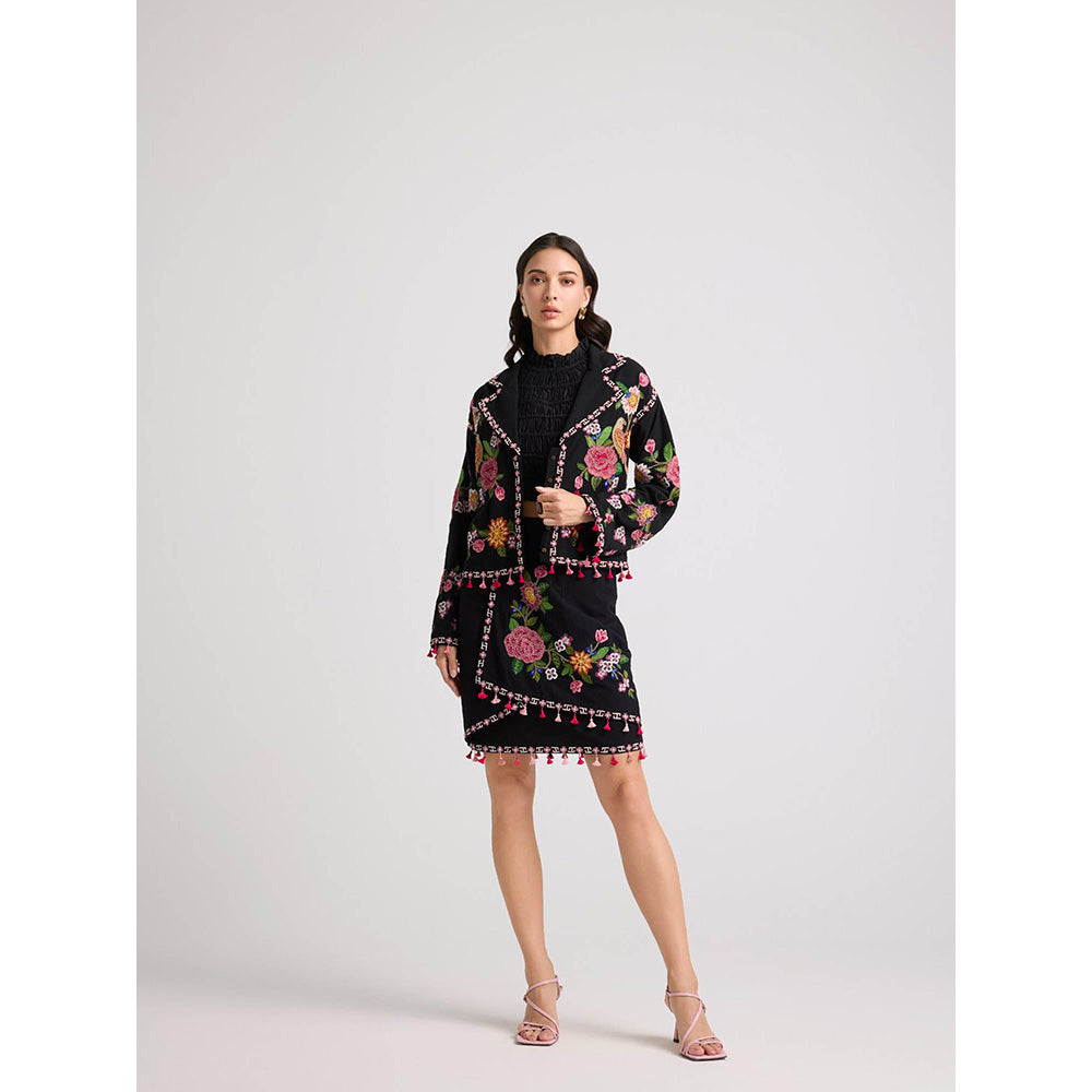 CHANDRIMA Black Floral Threadwork Short Jacket