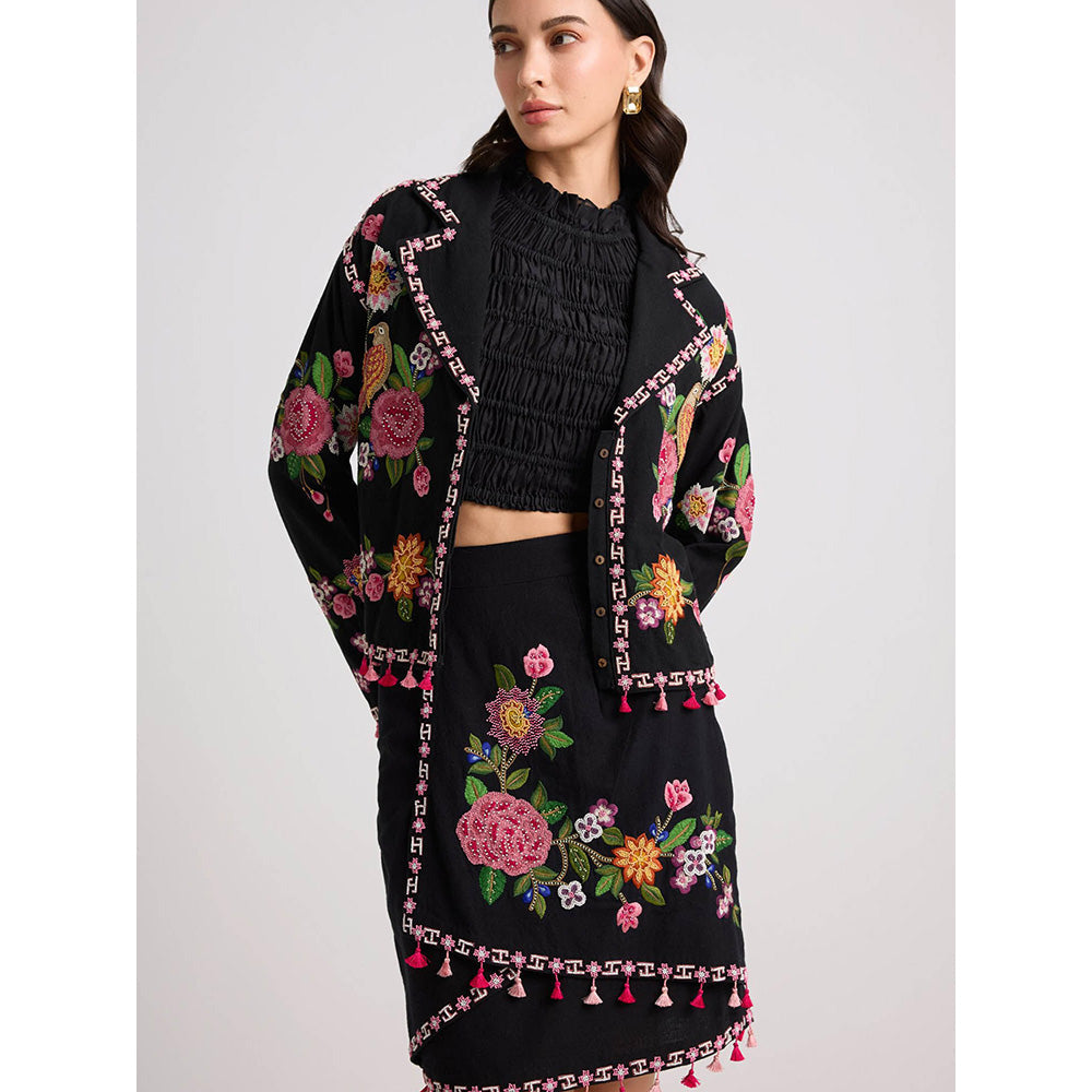 CHANDRIMA Black Floral Threadwork Skirt