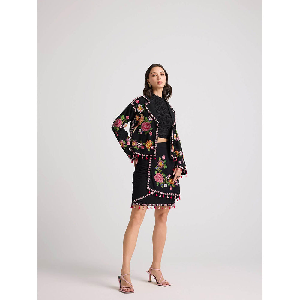 CHANDRIMA Black Floral Threadwork Skirt