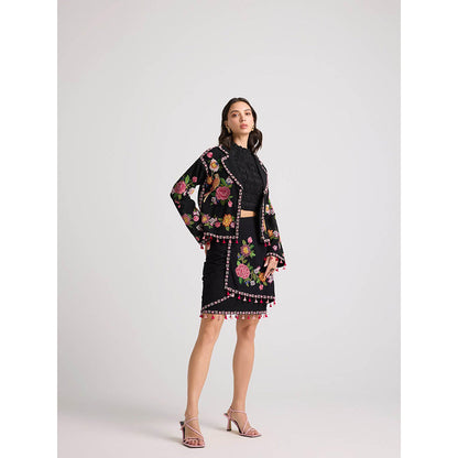 CHANDRIMA Black Floral Threadwork Skirt