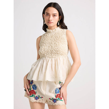 CHANDRIMA Ivory Applique and Beadwork Shorts