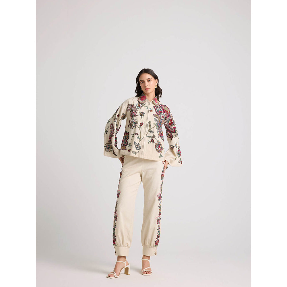 CHANDRIMA Ivory Contrast Floral Cordwork Short Jacket