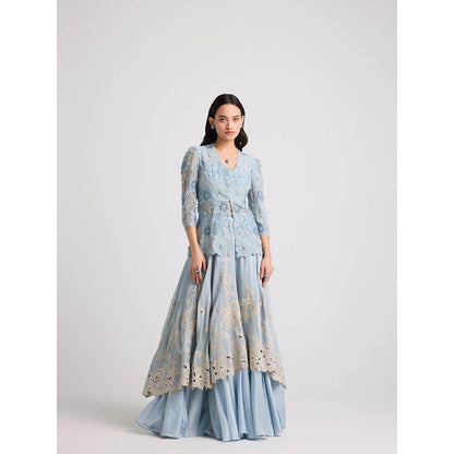 CHANDRIMA Powder Blue Sheer Applique Peplum Jacket