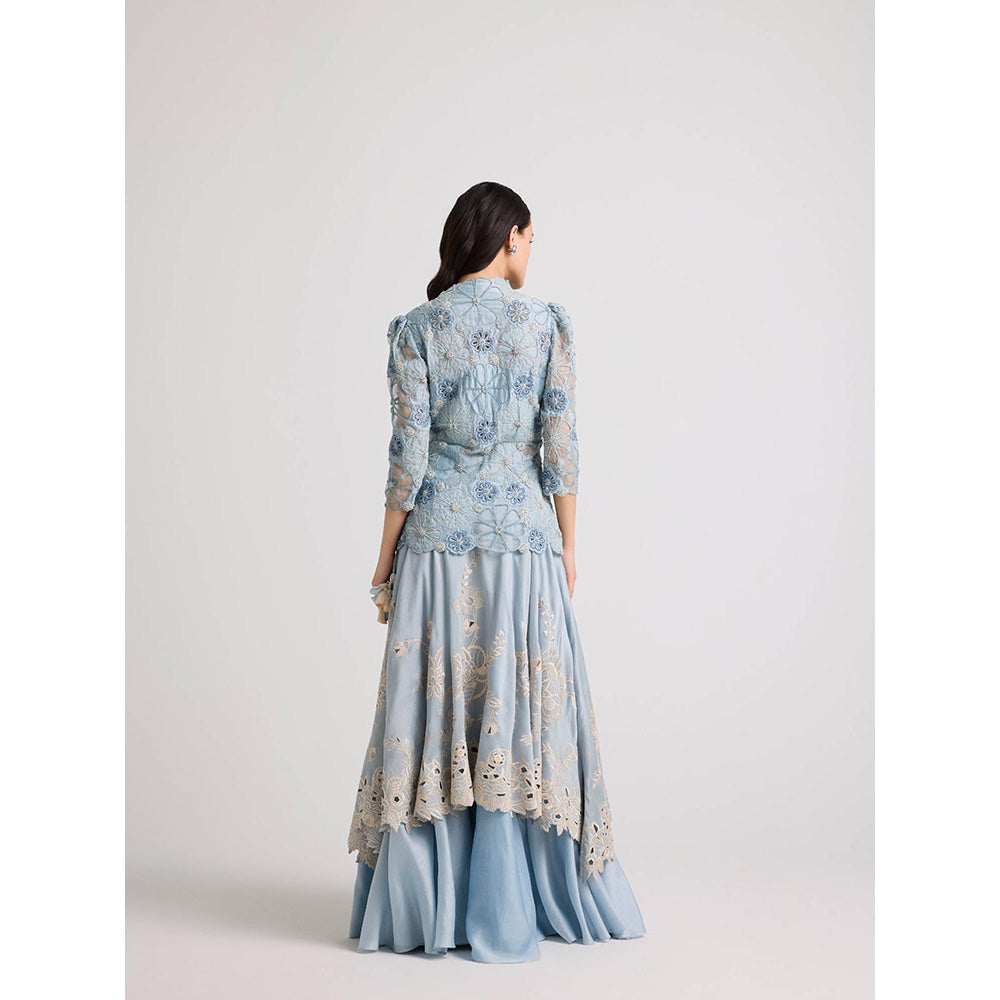 CHANDRIMA Powder Blue Sheer Applique Peplum Jacket
